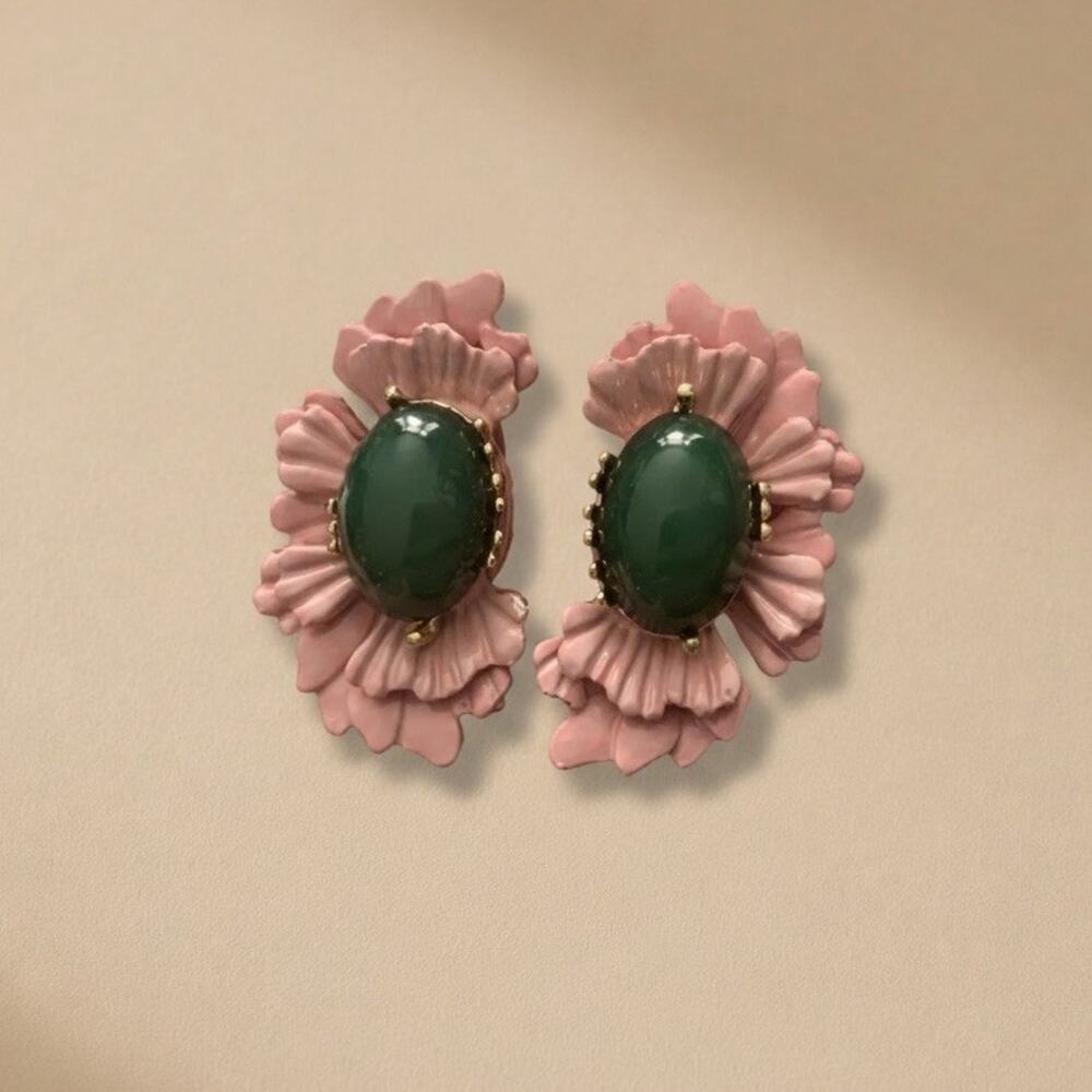 Art Deco Museum Flower Earrings Antique Pink Half Stud Boho VTG Retro Gold Pink